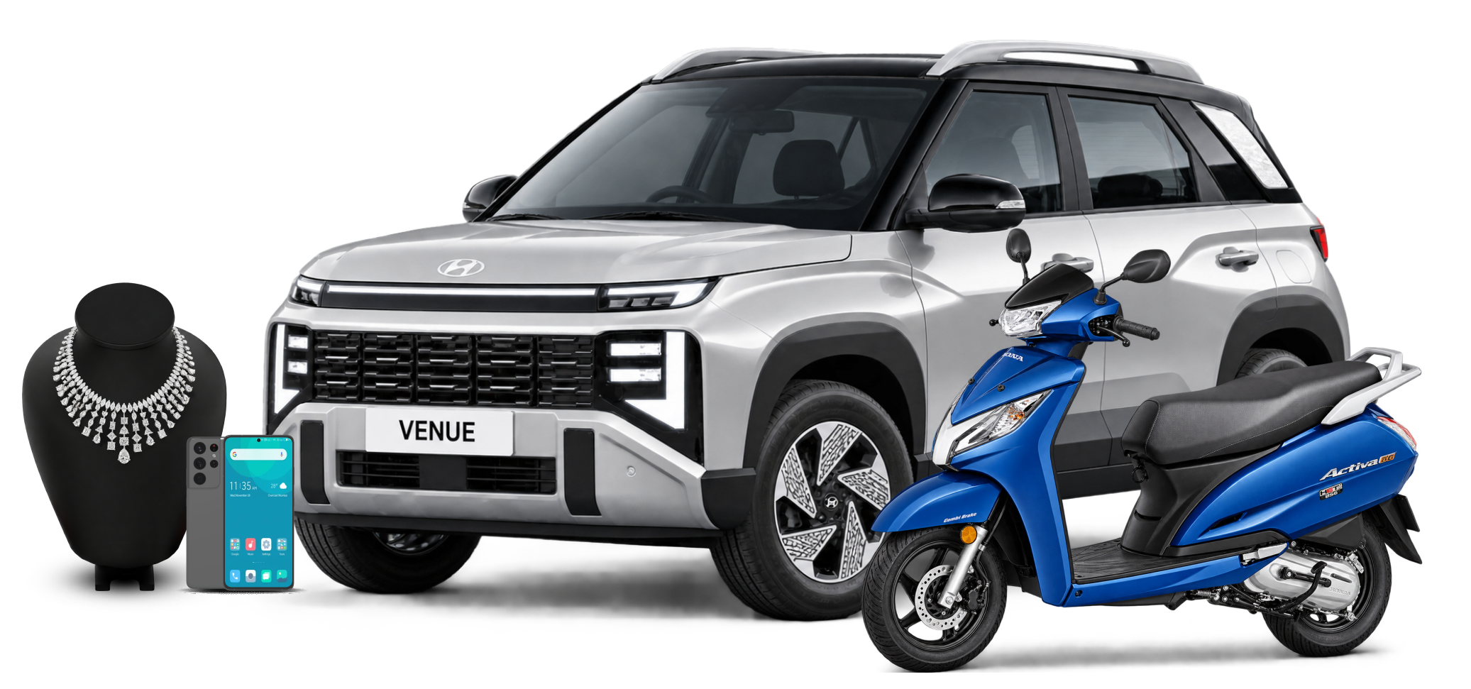 Hyundai Venue, diamond necklace, mobile and Honda Activa prizes
